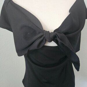 Elegant Black Off-Shoulder Top with Front Tie Bow | Size M | Made in Turkey
